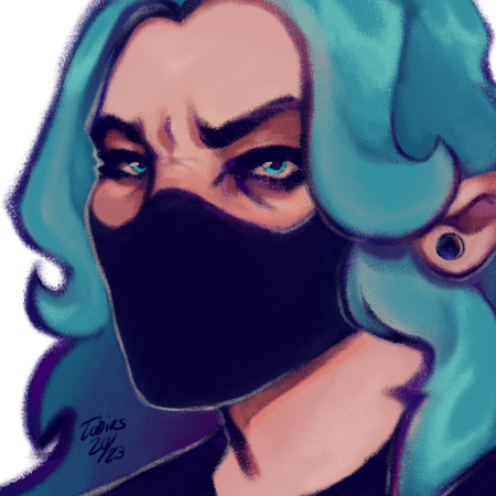 a digital painting of my persona. they have bright turquoise hair and eyes. he's wearing a black privacy mask and sneering at the camera.