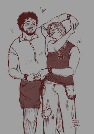 a digital sketch commission of a t4t couple dancing slowly. the man on the viewer's left is wearing a polo shirt and shorts with a checkered cuff bracelet. the one on the right is wearing a muscle tee and ripped jeans with chains and a spiked cuff. he has