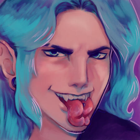 A blue haired, body-modded elf. He has gauges, a split tongue, fangs, and a tongue piercing.