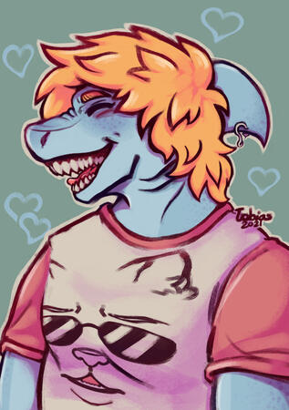 a rendered portrait of my OC Chris! he's an anthro shark with a blond mop of hair. he's wearing a "The Dude Abides" shirt but Lebowski is replaced with a cat.