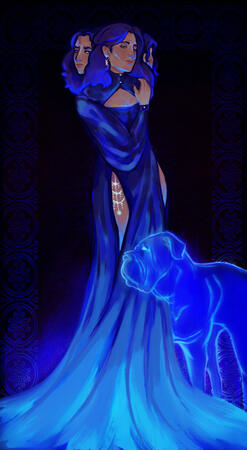 a digitally rendered painting of hecate featuring her with golden sun and moon jewelry and a flowy black dress with cutouts. the dress is glowing and spectral and she has a the spirit of a mastiff-like dog next to her
