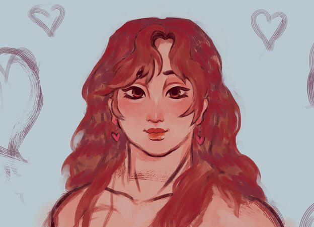 a work in progress digital painting of a woman with red hair and heart earrings. she has red gloss and large eyelashes