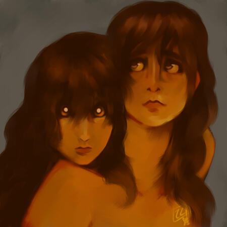 an eerie portrait of two trans women. one is more owl like like and is staring at the camera with a focused expression. the other is looking in her direction, slightly away, with a more fearful expression. her eyes are sad looking and more humanoid compare