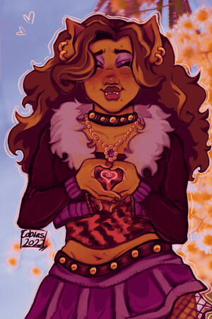 a digital painting of Clawdeen from Monster High. her hands are close to her chest and are making a heart.