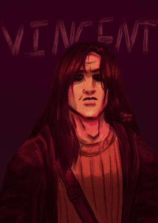 a digital painting of Vincent from House of Wax (2005). the colours are graded in yellow/orange/wine. Vincent has his mask on, and is glaring at the camera. his name is painted behind him in vignette.