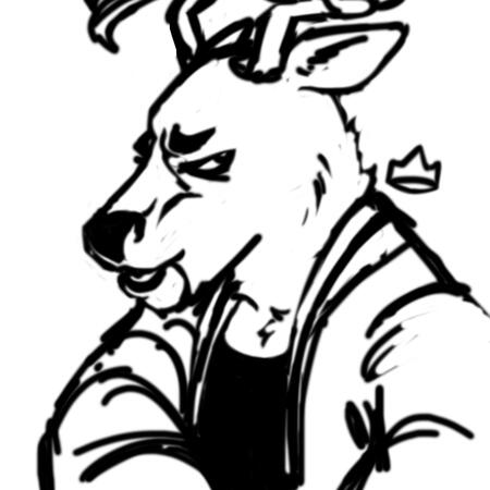 a small doodle of an anthro deer wearing a letterman jacket. they're talking and looking away from the camera.
