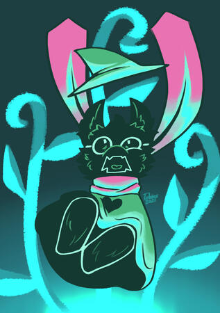 a commission I did for crypticcurses on instagram. it features Ralsei falling down into a glowing pit with vines coming out of it (reminiscent of Flowey)