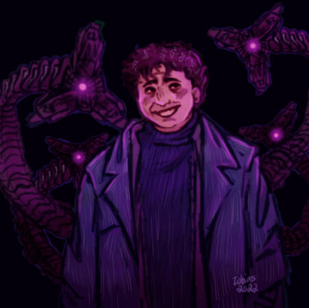 a rendered doodle of Doctor Octopus from Spiderman 2. he's smiling sweetly; a contrast to his robot arms leering menacingly at the camera