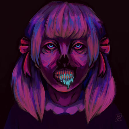 a digital painting of a zombified girl in a dark colour palette with neon highlights. she's drooling neon blue blood and crying