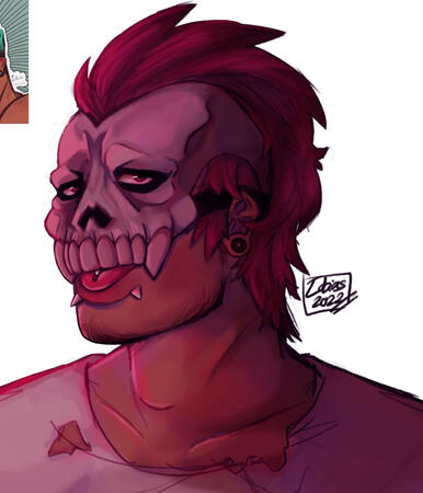 a small redesign of my character Adrien (Wrecker). she's wearing a skull half mask, tongue and lip piercings, and gauges. he has a tattered shirt and is sporting a messy mohawk