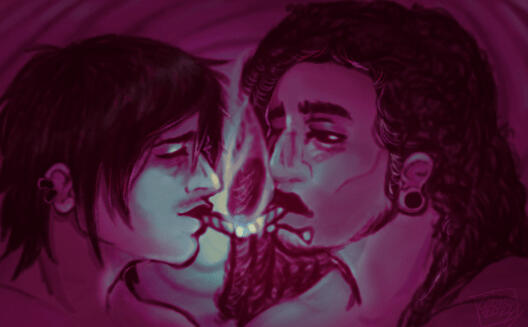 two of my original characters: Devon (left) and Adrien (right). Devon is lighting Adrien's blunt. the colour scheme is purple and hazy.