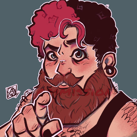 a digital cell shaded portrait of my dad. he has split dyed red and black hair with a natural ginger beard and ear gauges. they're pointing at the camera and has black painted nails