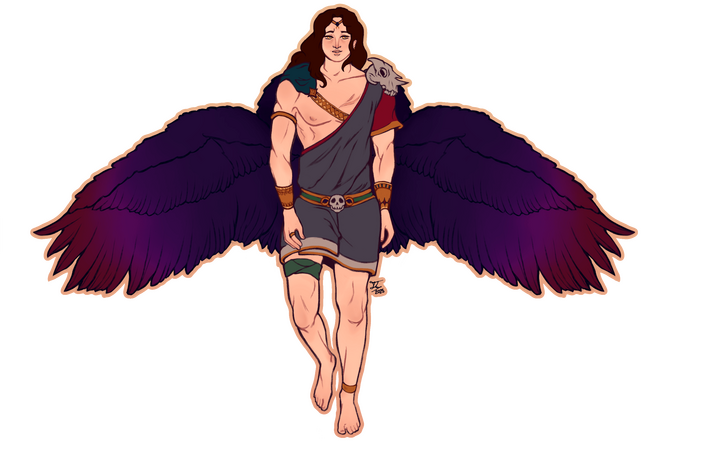a winged demigod character that's walking forward with a confident expression. he has a humanoid goat skull as a pauldron, and is adorned with gold and a flowing cape that's nestled behind his wings.