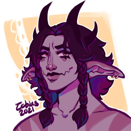 a cell shaded portrait of Twitchydemon's (tiktok) original character. this was made for an art trade. he has light purple skin, tiger markings, large pointed ears, and four horns. his mouth is closed, but is made so it can open up to the cheekbones.