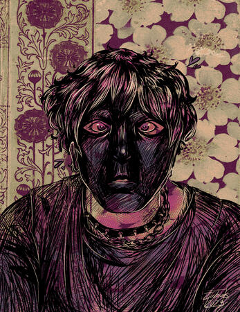 a digital sketchy painting of my partner, Sage. he has a mask on with both my choker and my wallet chain around his neck. they are wearing a dark, baggy tshirt and the background is a floral book cover i found on pinterest.