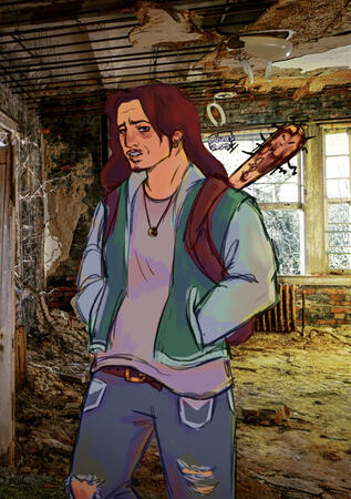 a very quick coloured sketch of my character Deacon. He has long, brown hair, scruff, piercings, and a letterman jacket. he has a bloodied nail bat coming out of his backpack