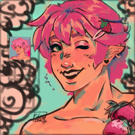 a work in progress digital painting of a man with pink hair, pink eyebrows, and strawberry motifs all around him. the background is a robin's egg blue, and he has a bright tan