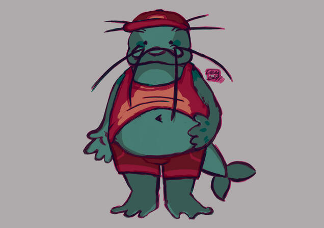 a silly Splatoon original character who's a catfish. he has a red trucker cap and shorts on. his orange tanktop is slightly raised so he can scratch his tummy.